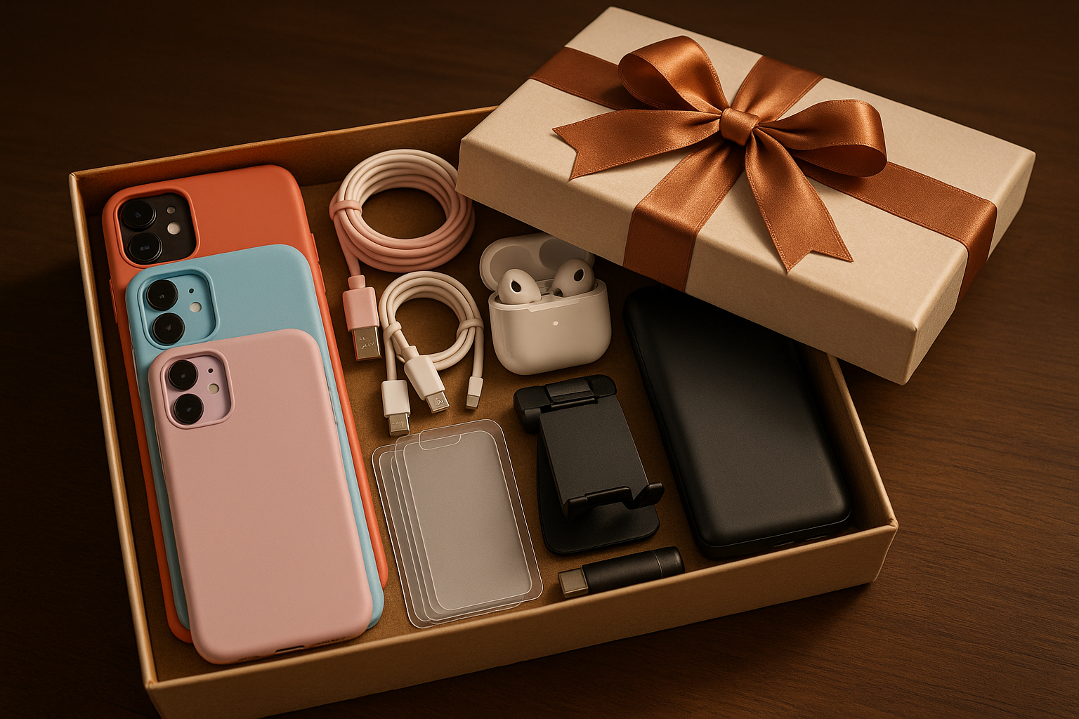 un cadeau contenant à l'interieur, des accessoires pour portables